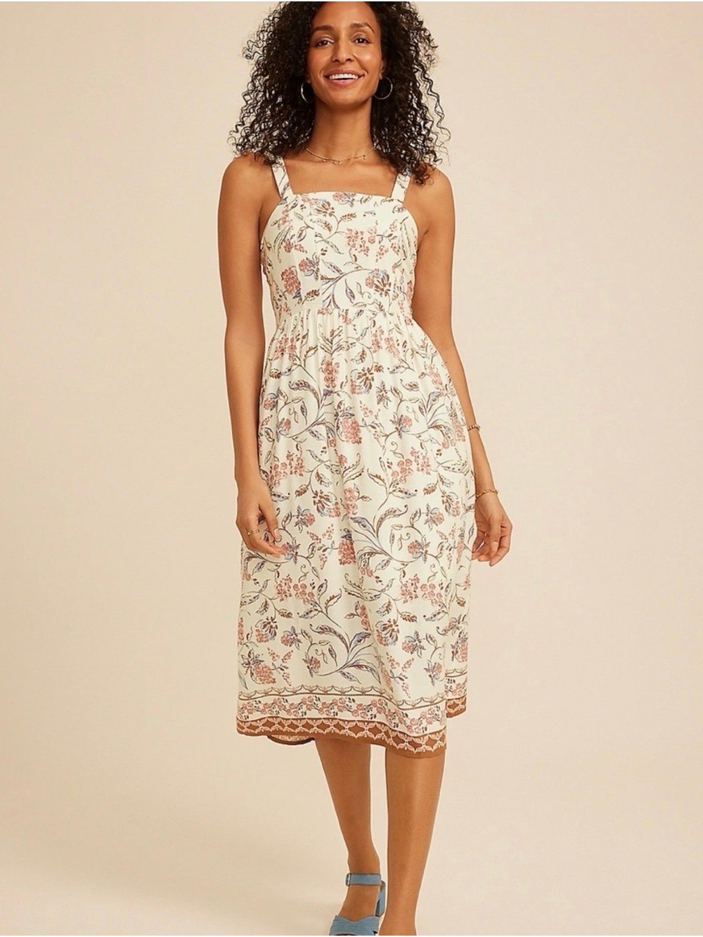 Maurices Cream Floral Midi Dress with Dusty Rose Accents